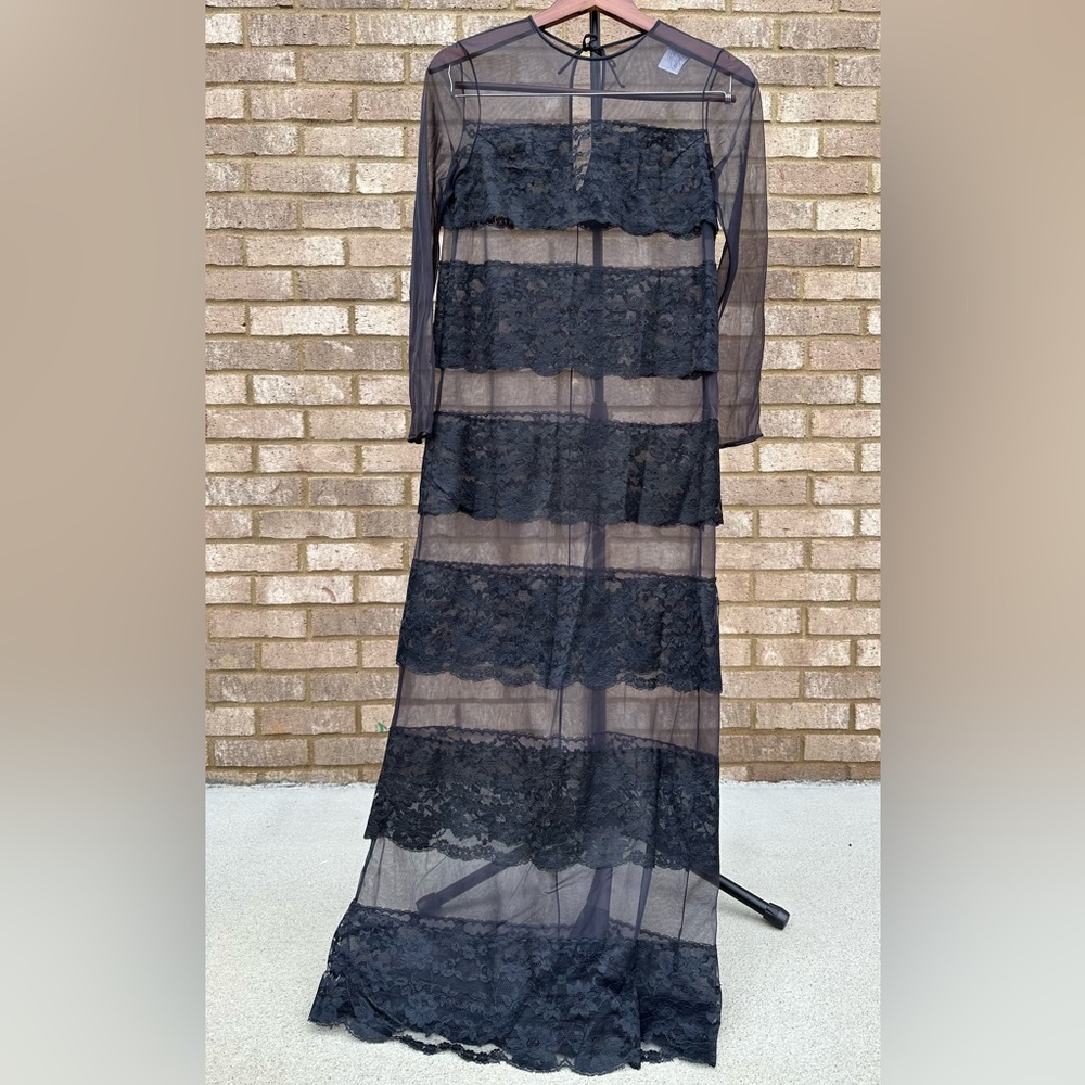 Vintage Blanche by Ralph Montenero Black Long Sheer Lace Slip Dress Nightgown